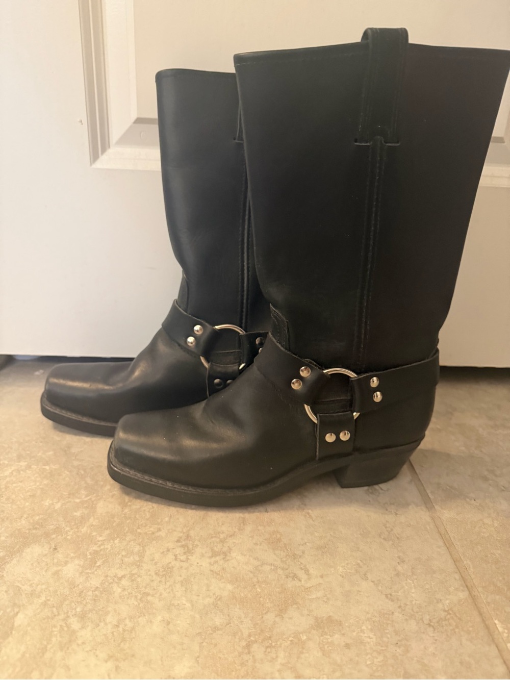 Frye Black Leather Harness Heeled Boots